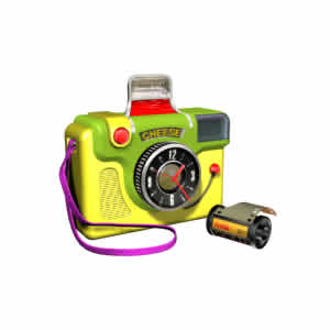 Camera - kids clock model - FREE - from Clock Domain.com - 3D animated  - shows you the time using a colourful toy camera.  The kids will love the picture, and this clock will never stop running.